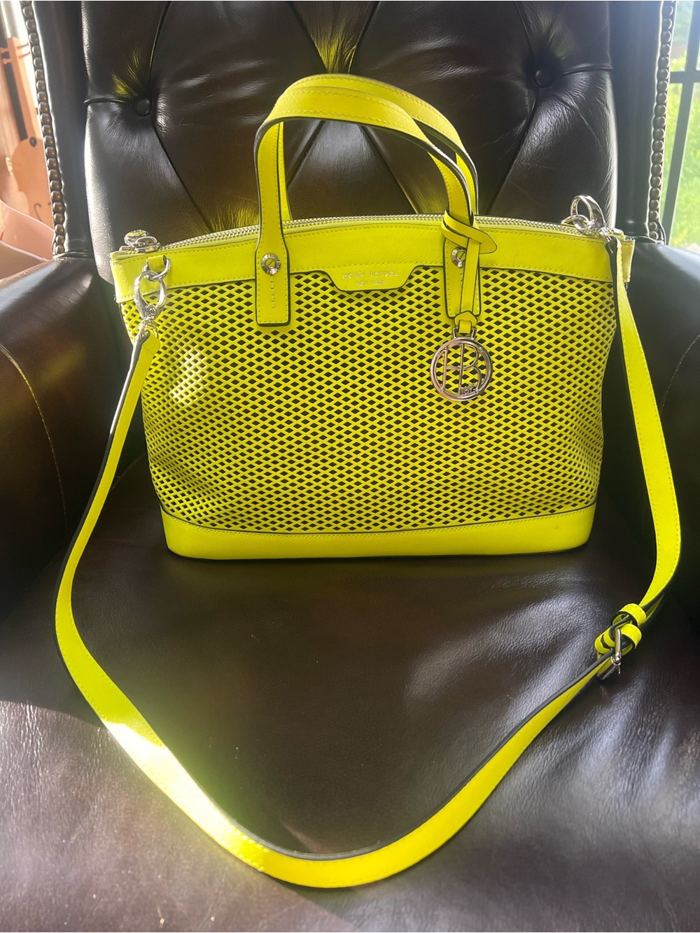 RARE Henri Bendel 2015 Neon Yellow Perforated Satchel Tote Collector Item